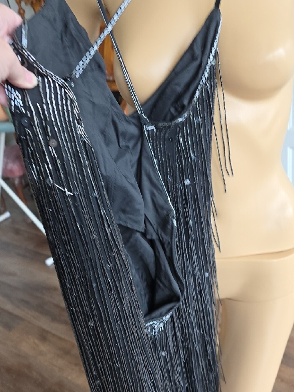Black Beaded And Sequined Fringe Evening Dress with Crisscross Straps - Picture 2 of 10